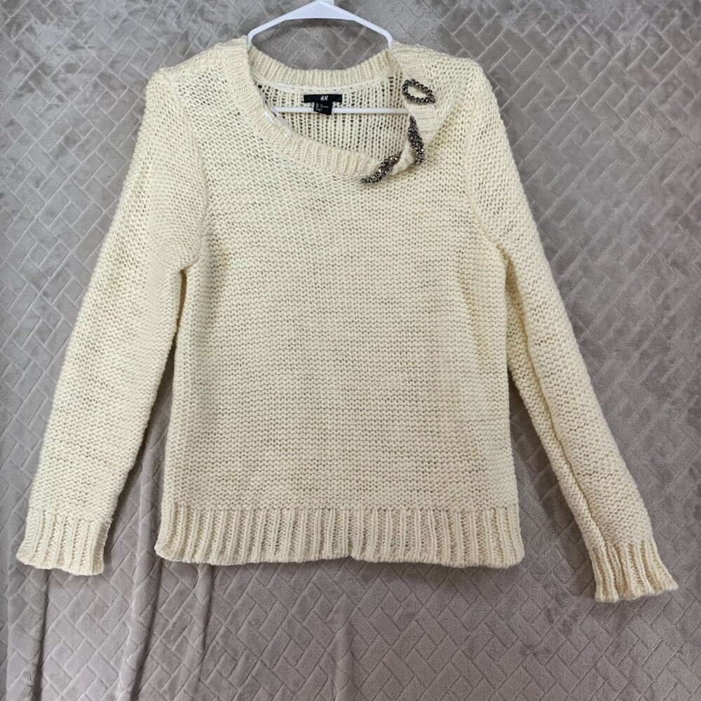 H&M Womens Large Sweater Cream White Thick Knit Wool Blend Beaded Neckline